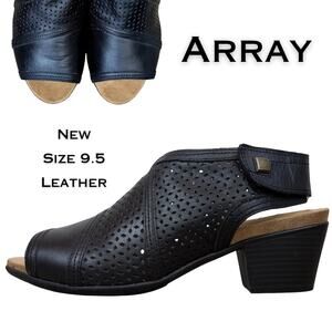 Array Leather Ankle Sandals Black 9.5 Laser Cut Block Heel Peep Toe Comfort NEW
